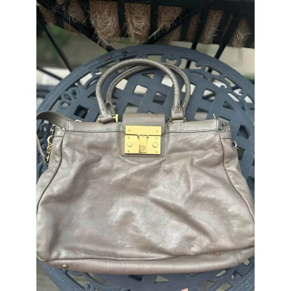 Tory Burch Holland Satchel Taupe Gray Leather Shoulder Bag Crossbody Tote Purse